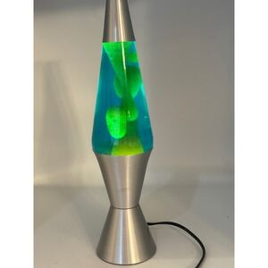 Vintage Lava Lite Lamp Blue Liquid Green Wax Brushed Silver Base 2001 E127444